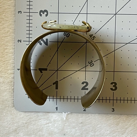 Hammered Brass Cuff Bracelet Adorned with Acrylic Pale Green Stone - Picture 15 of 16